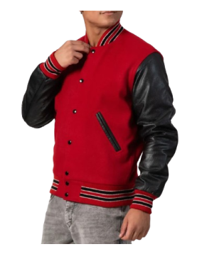 Scarlet Red Body &amp; Black Sleeves Letterman Jacket With Feathered Knit Trim