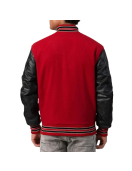 Scarlet Red Body & Black Sleeves Letterman Jacket With Feathered Knit Trim