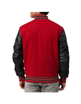 Scarlet Red Body &amp; Black Sleeves Letterman Jacket With Feathered Knit Trim