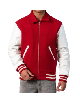 Scarlet Wool Body &amp; White Leather Sleeves Letterman Jacket With Byron Collar