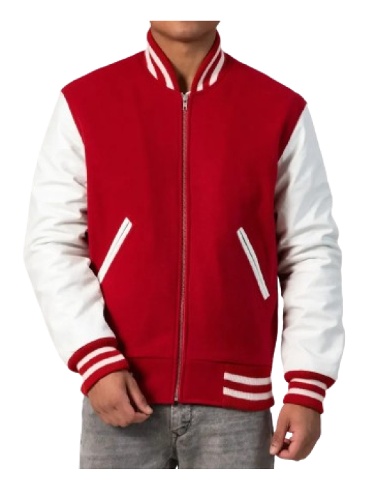 Scarlet Wool Body & White Leather Sleeves Letterman Jacket With Zipper