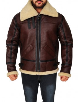 Mens Shearling Brown Bomber Leather Jacket