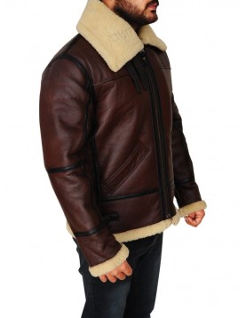 Mens Shearling Brown Bomber Leather Jacket