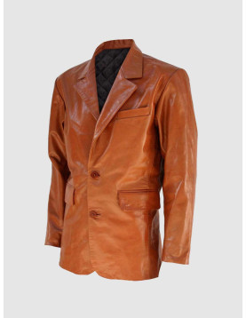 Tan Leather Coat with 2 Buttons