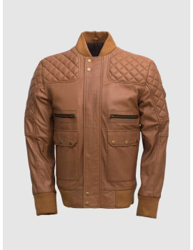 Tan Quilted Bomber Leather Jacket for Men - Abbronzatura