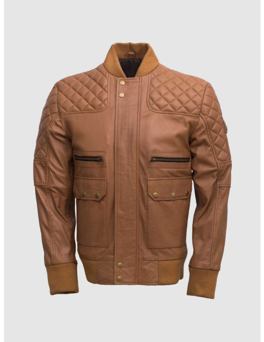 Tan Quilted Bomber Leather Jacket for Men - Abbronzatura