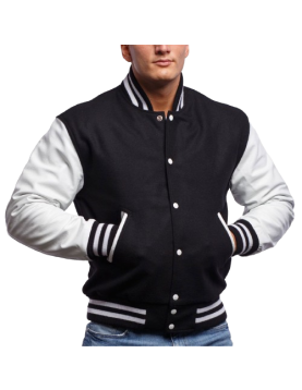 White Genuine Leather &amp; Black Wool Varsity Letterman Jacket