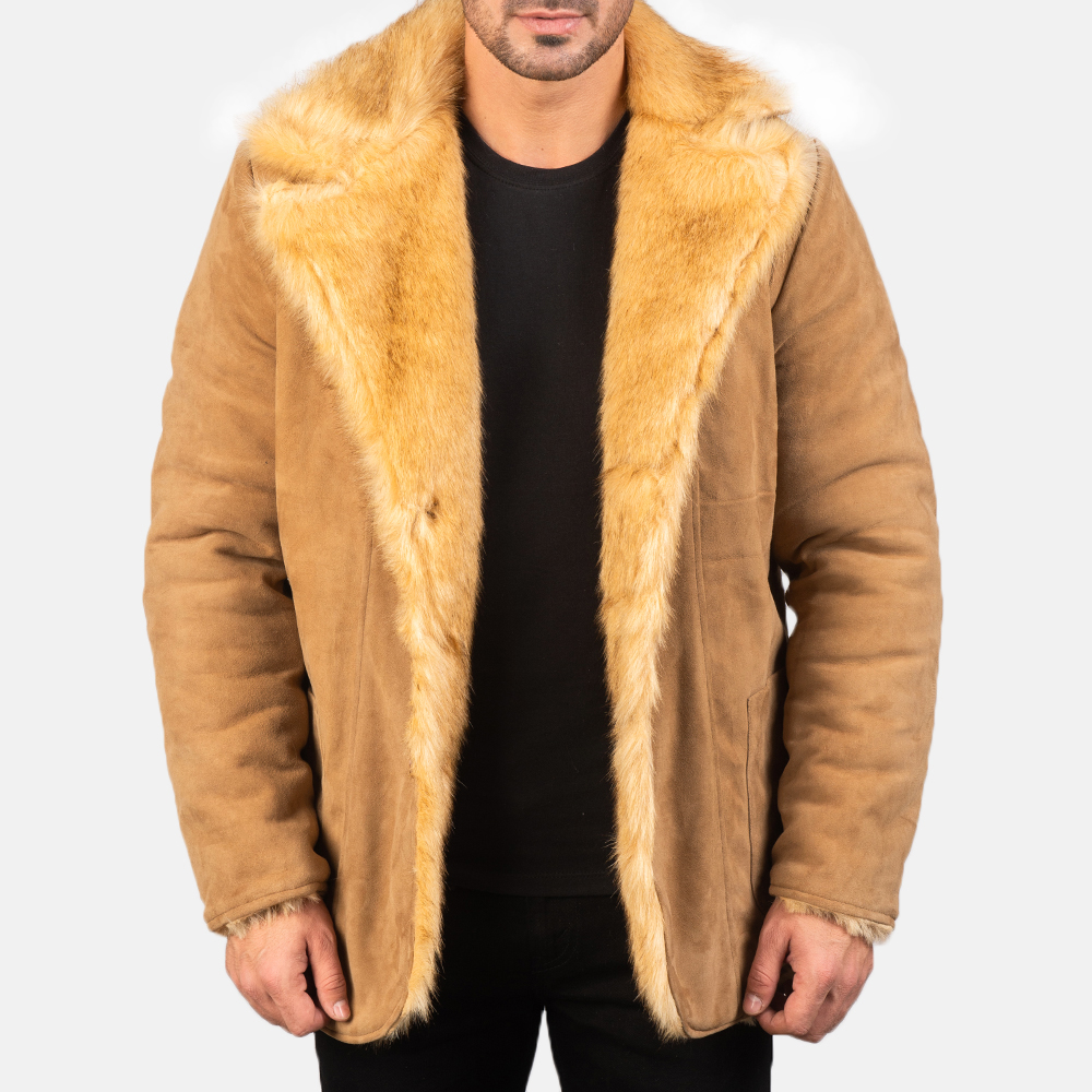 beige leather jacket with fur