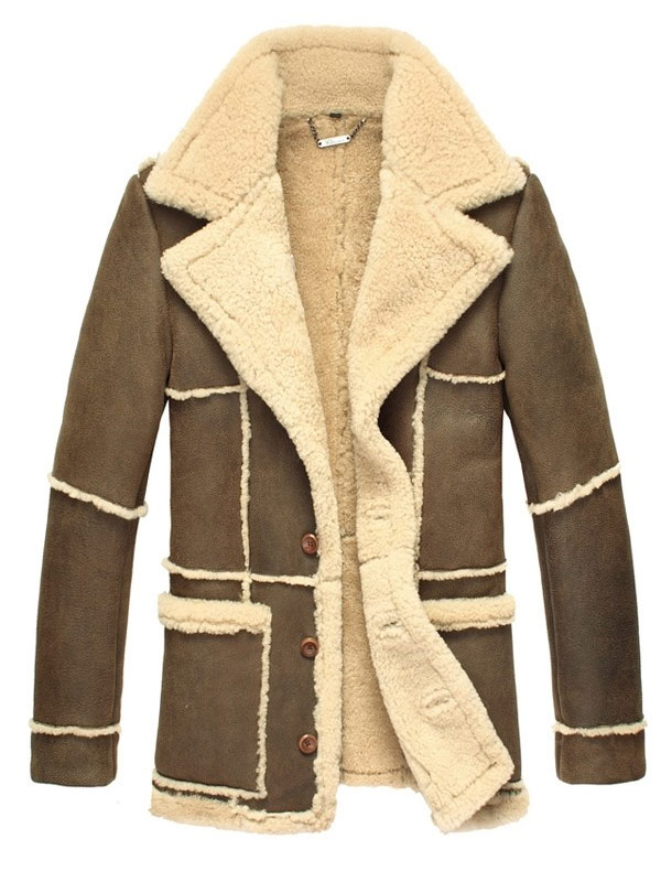 Men Designer Fur Shearling Sheepskin Coat ( Brown )